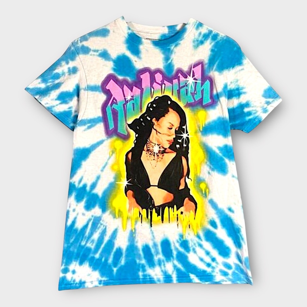 Aaliyah Women's Tie‎ Dye Graphic Tee Blue Medium Music Retro Casual Top